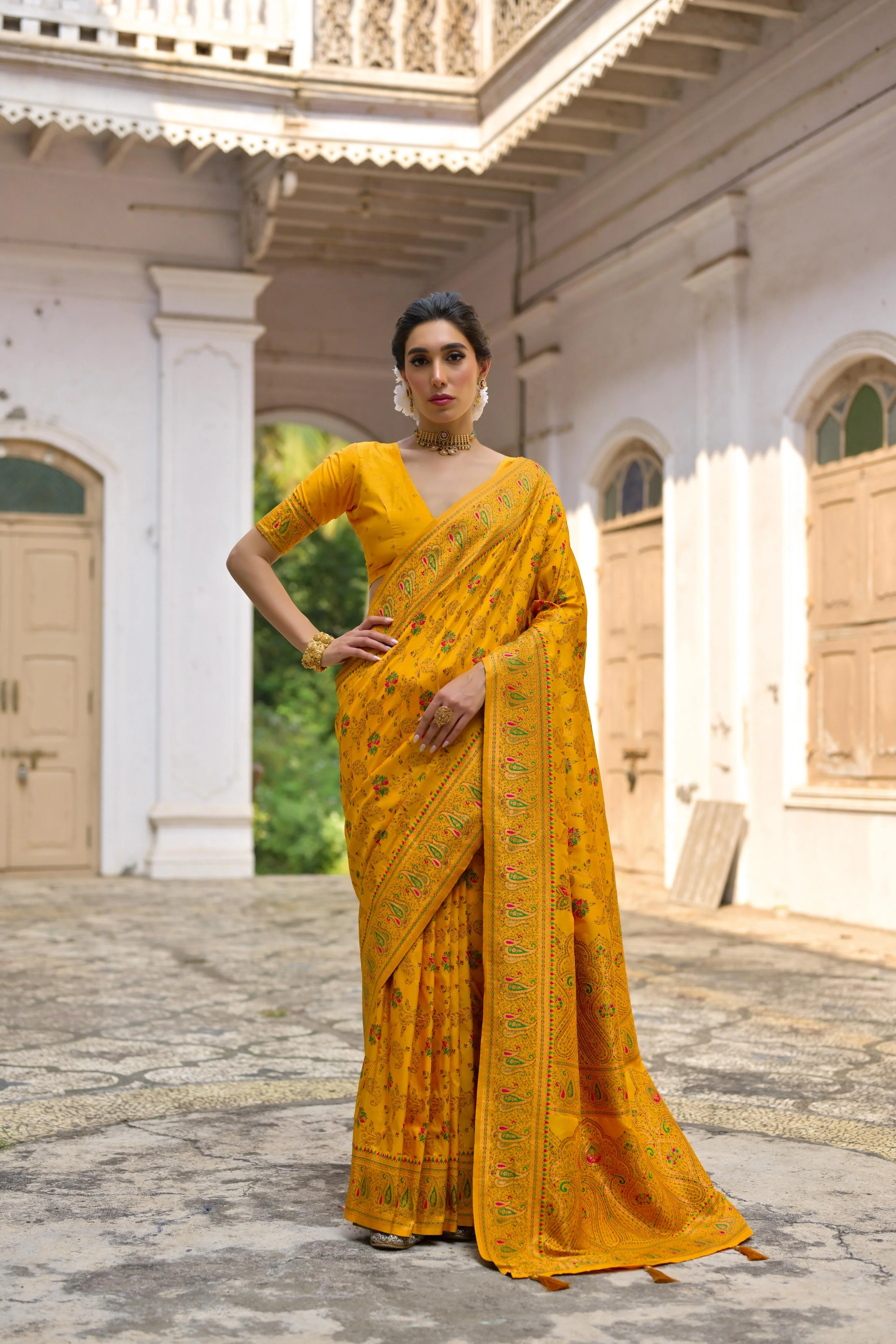 Yellow Soft Pashmina Silk Meena Zari Woven Saree